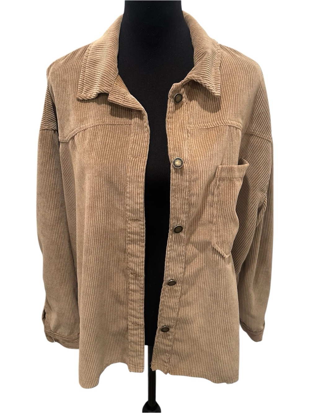 Brown Corduroy Button Up Shacket Womens XL Long Sleeve Raw Hem Casual Grunge